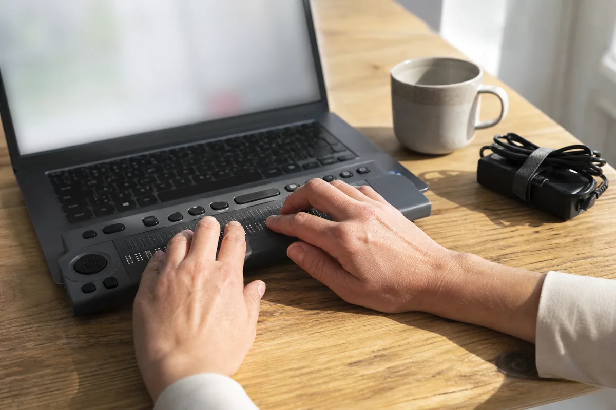 Personne utilisant un ordinateur portable équipé d&rsquo;une plage braille posée devant le clavier