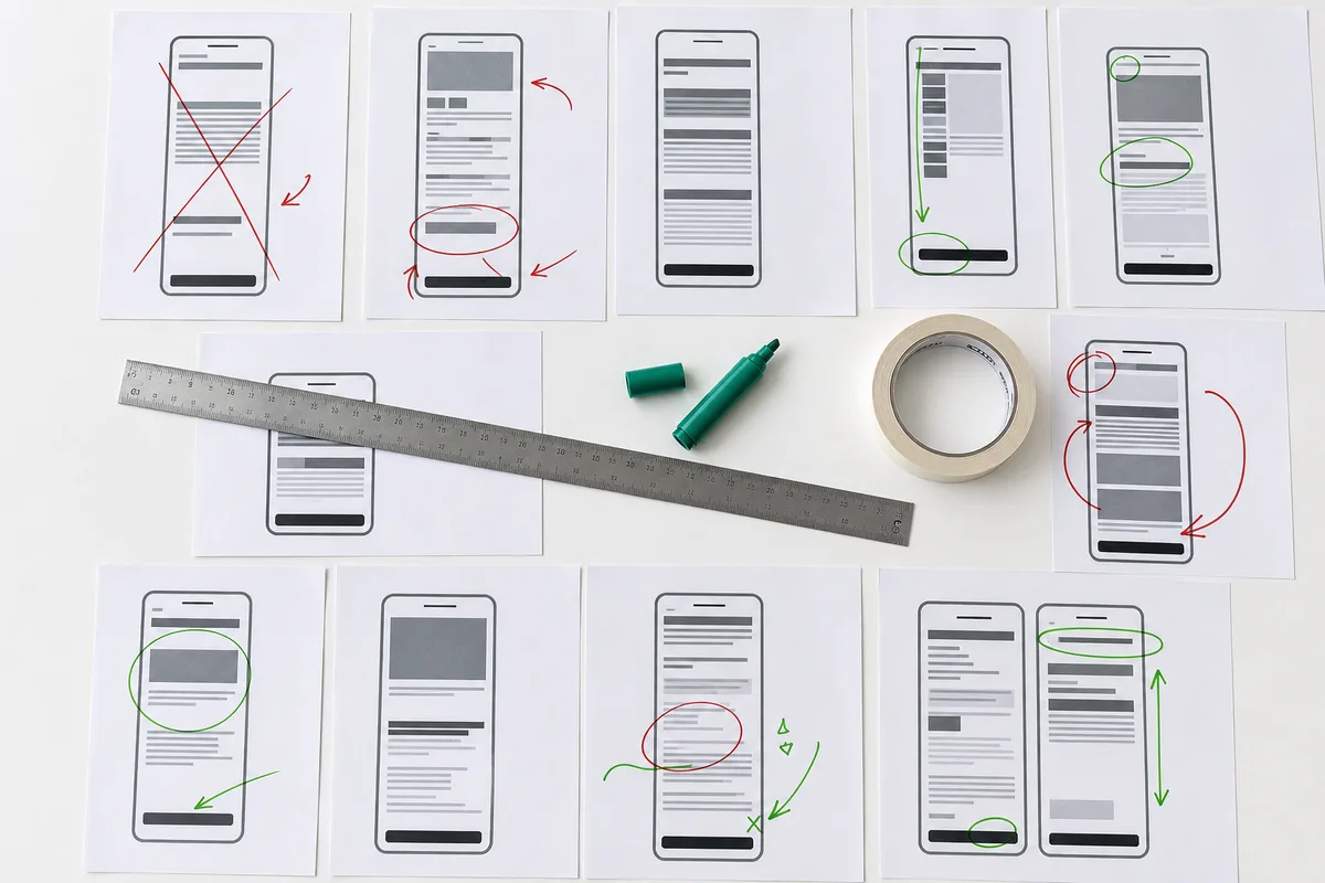 Écrans de maquettes d&rsquo;application annotés au feutre sur une table de travail