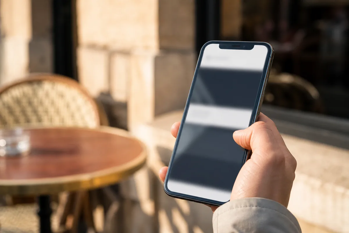 Main tenant un smartphone affichant une interface aux contrastes marqués, écran agrandi