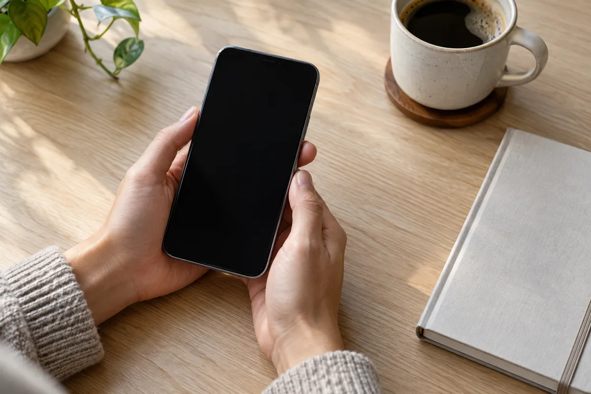 Smartphone à l&rsquo;écran éteint tenu à deux mains au-dessus d&rsquo;un bureau clair, carnet fermé et tasse de café posés à côté