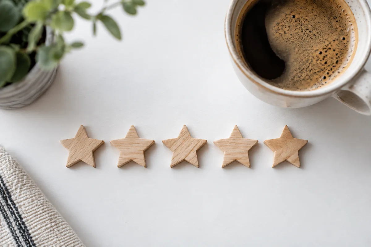 Cinq petites étoiles en bois clair alignées sur une table blanche à côté d&rsquo;une tasse de café