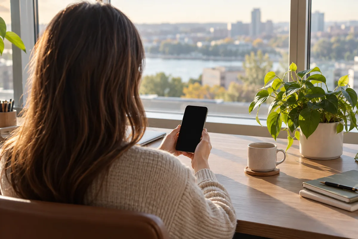 Personne vue de dos assise à un bureau devant une grande fenêtre, tenant un smartphone à l&rsquo;écran éteint, plante verte posée à côté