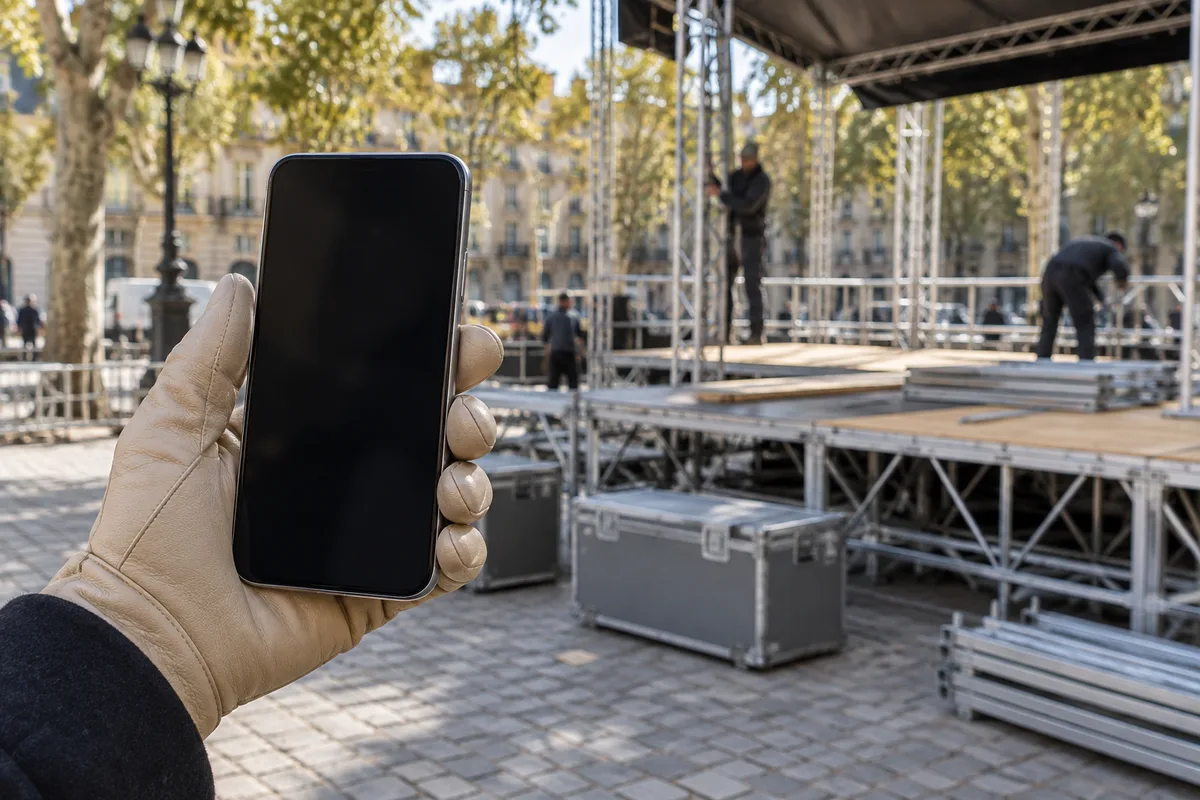 Main gantée tenant un smartphone éteint devant un podium en cours de montage