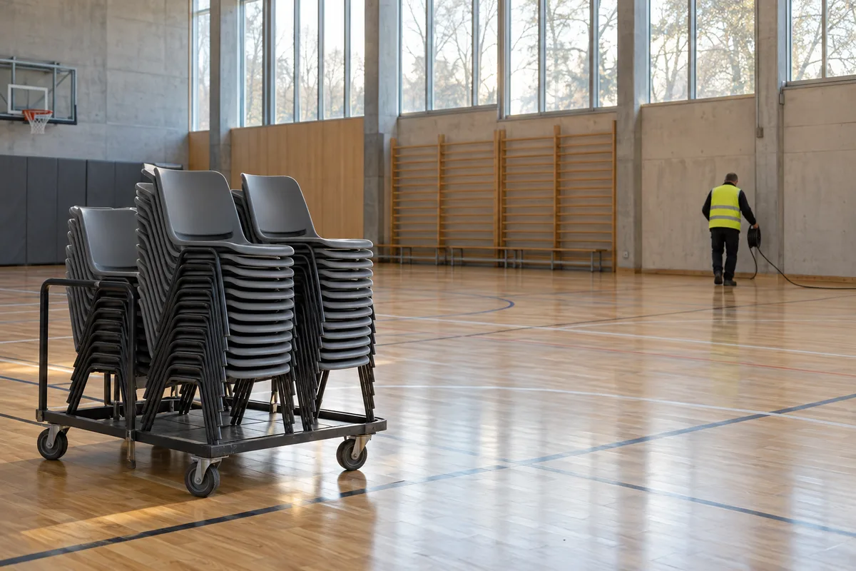 Gymnase vide, chaises empilées et agent de dos en gilet uni