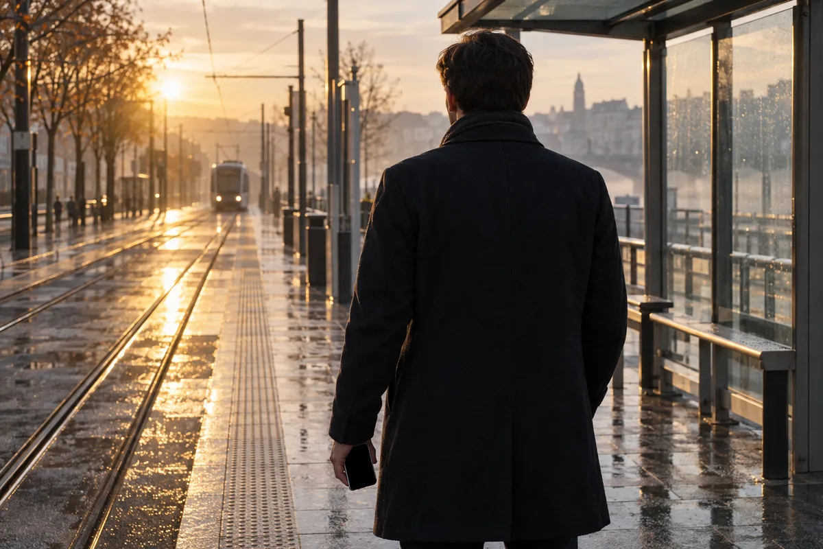 Voyageur vu de dos sur un quai de tramway au petit matin, téléphone éteint à la main