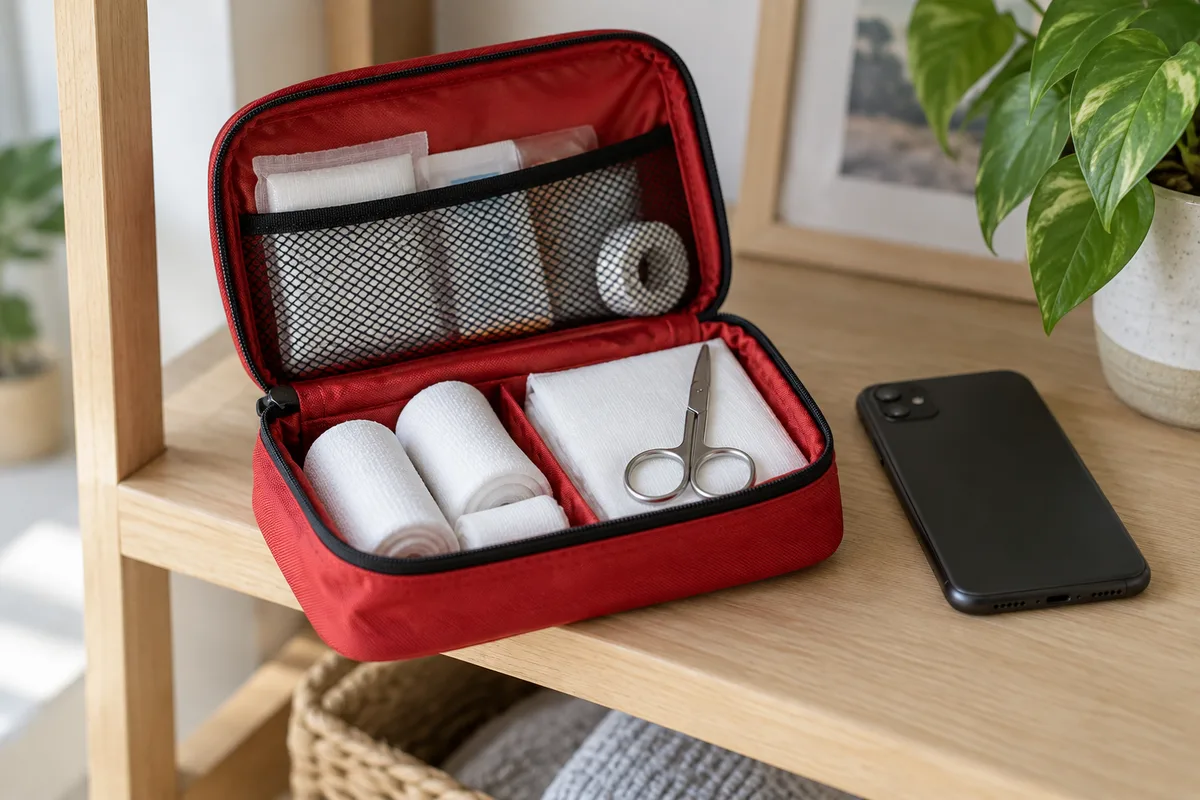 Trousse de premiers secours ouverte sur une étagère en bois clair, téléphone posé écran contre le bois