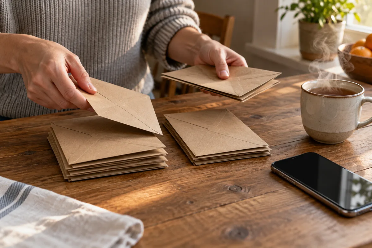 Mains qui trient des enveloppes fermées sur une table de cuisine, téléphone éteint posé à côté