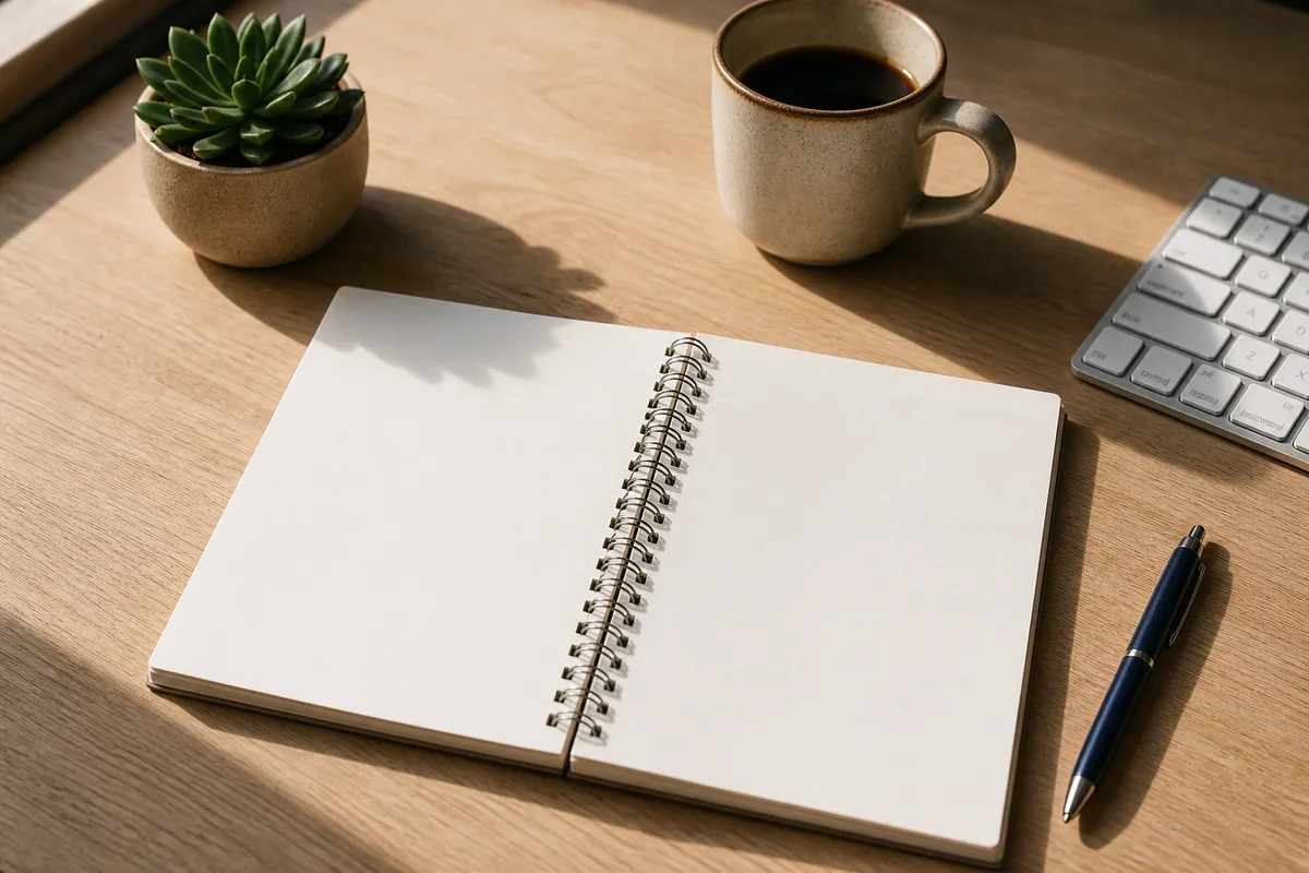 Un bureau avec un carnet ouvert, un stylo et une tasse de café près d&rsquo;un clavier