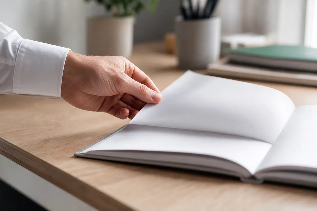 Une main tourne les pages d&rsquo;un rapport imprimé posé sur une table en bois clair