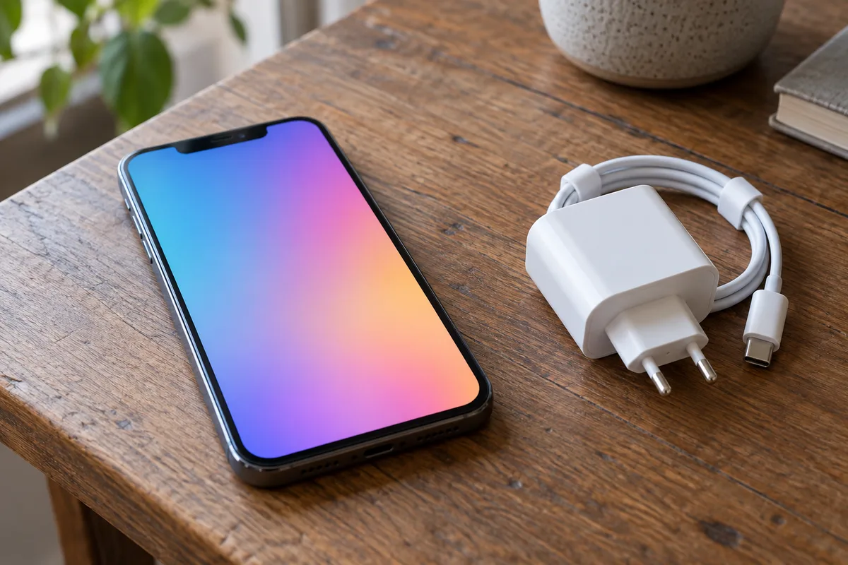 Smartphone posé écran allumé sur une table en bois à côté d&rsquo;un chargeur blanc enroulé