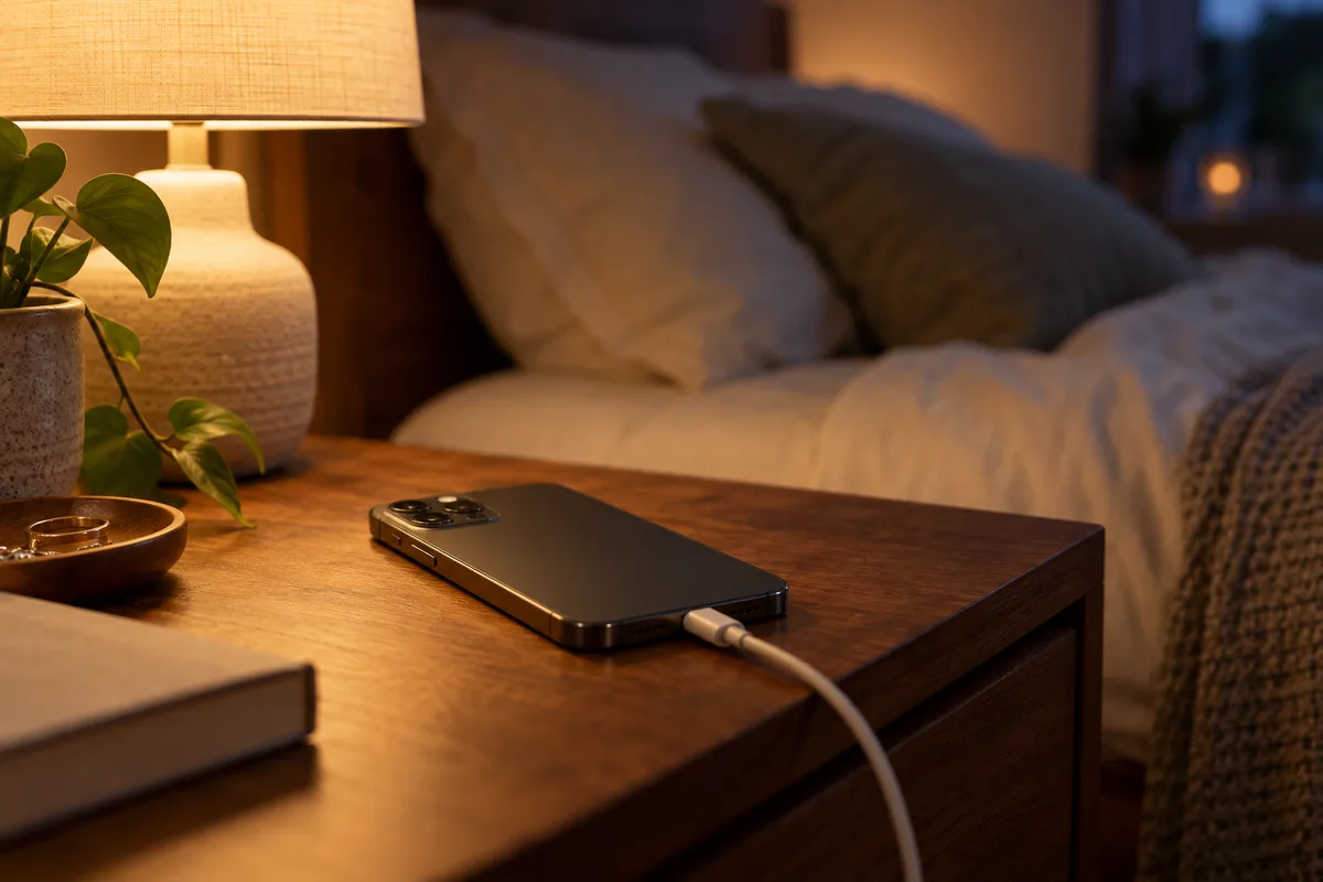 Téléphone en charge posé sur une table de chevet dans une chambre éclairée par une lampe douce