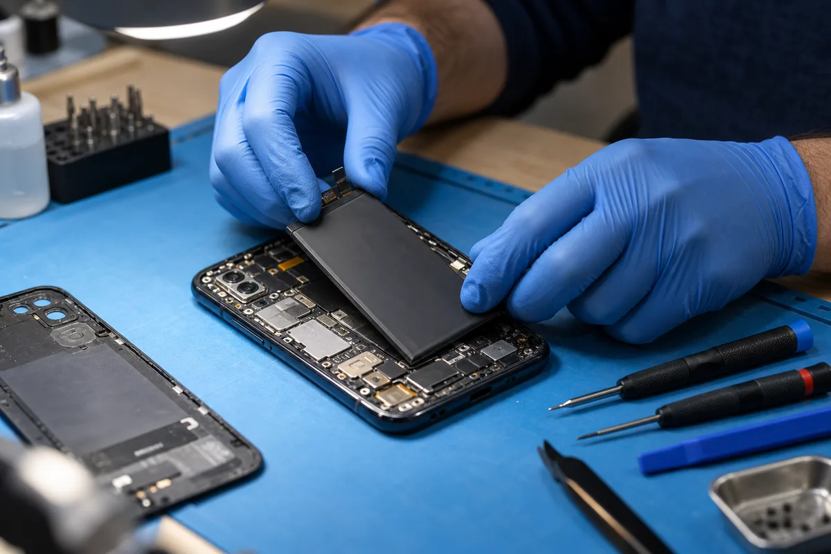 Mains d&rsquo;un réparateur remplaçant la batterie d&rsquo;un smartphone ouvert sur un tapis d&rsquo;atelier