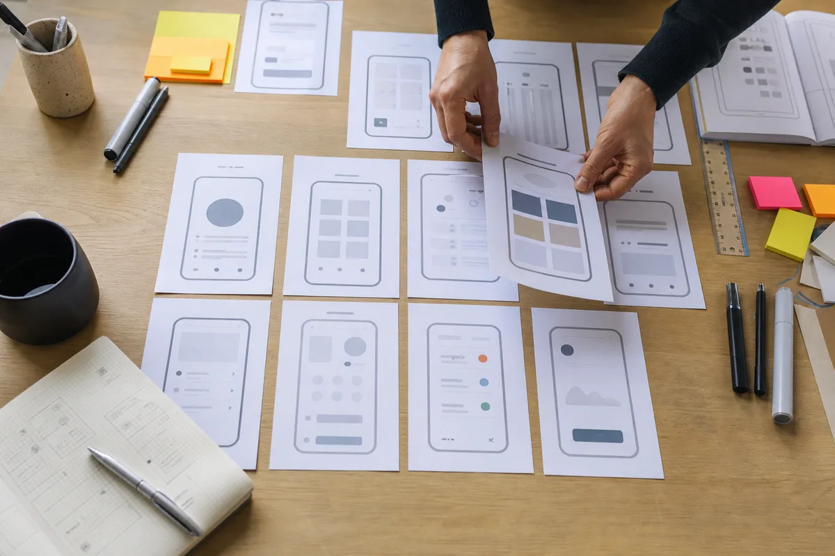 Maquettes d’écrans d’application mobile étalées sur un bureau pendant une phase de cadrage