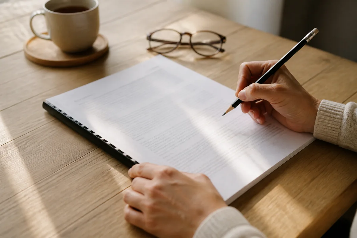 Dirigeante annotant au crayon un dossier de cadrage de projet posé sur une table en bois claire