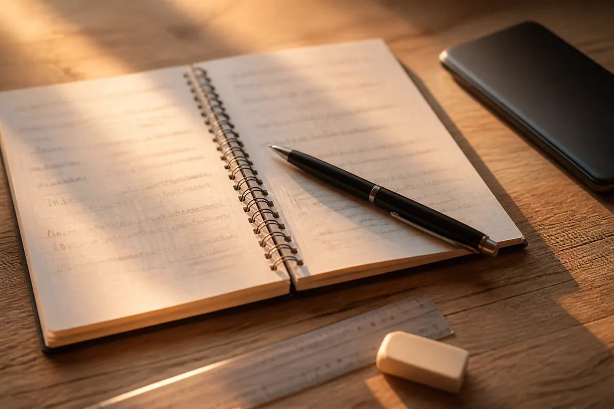 Poste de travail avec carnet ouvert, stylo posé et smartphone face vers le bas, lumière naturelle de fin de journée