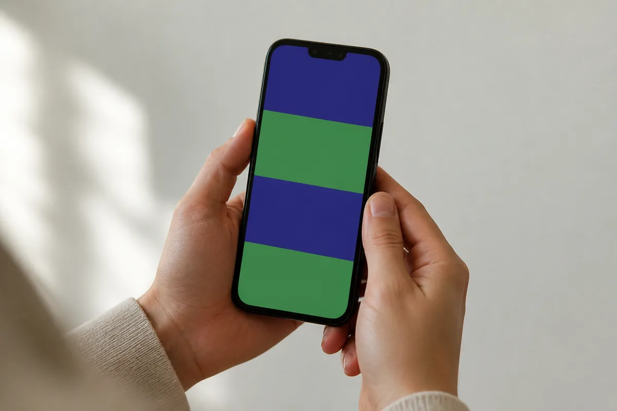 Écran de smartphone posé sur un bureau clair affichant une interface faite de blocs colorés