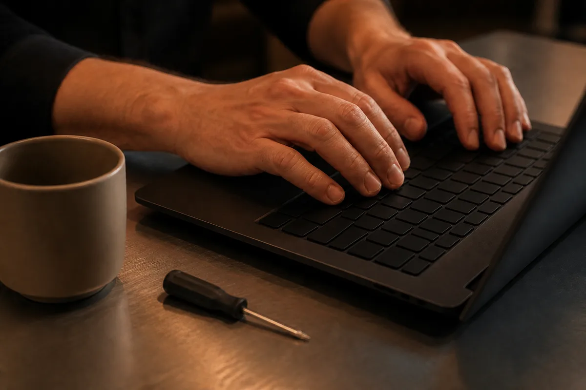 Mains posées sur un clavier d ordinateur portable dans un atelier faiblement éclairé