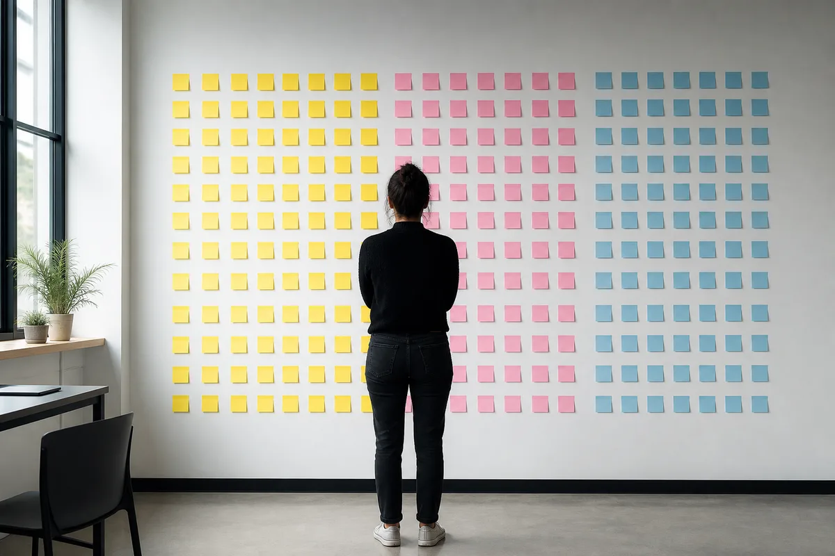 Silhouette de dos devant un mur couvert de notes autocollantes de couleurs unies
