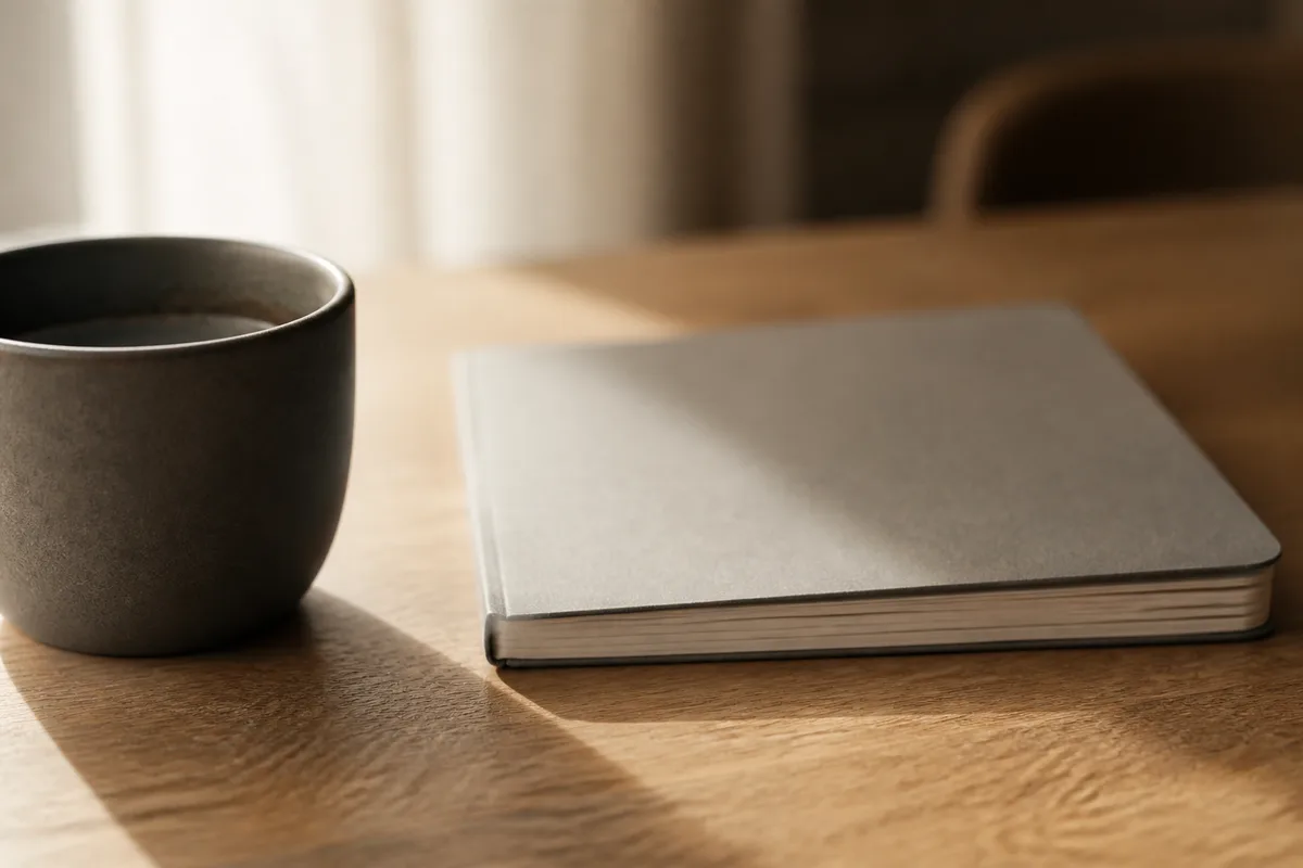 Calculatrice et stylo posés sur un bureau clair en lumière naturelle