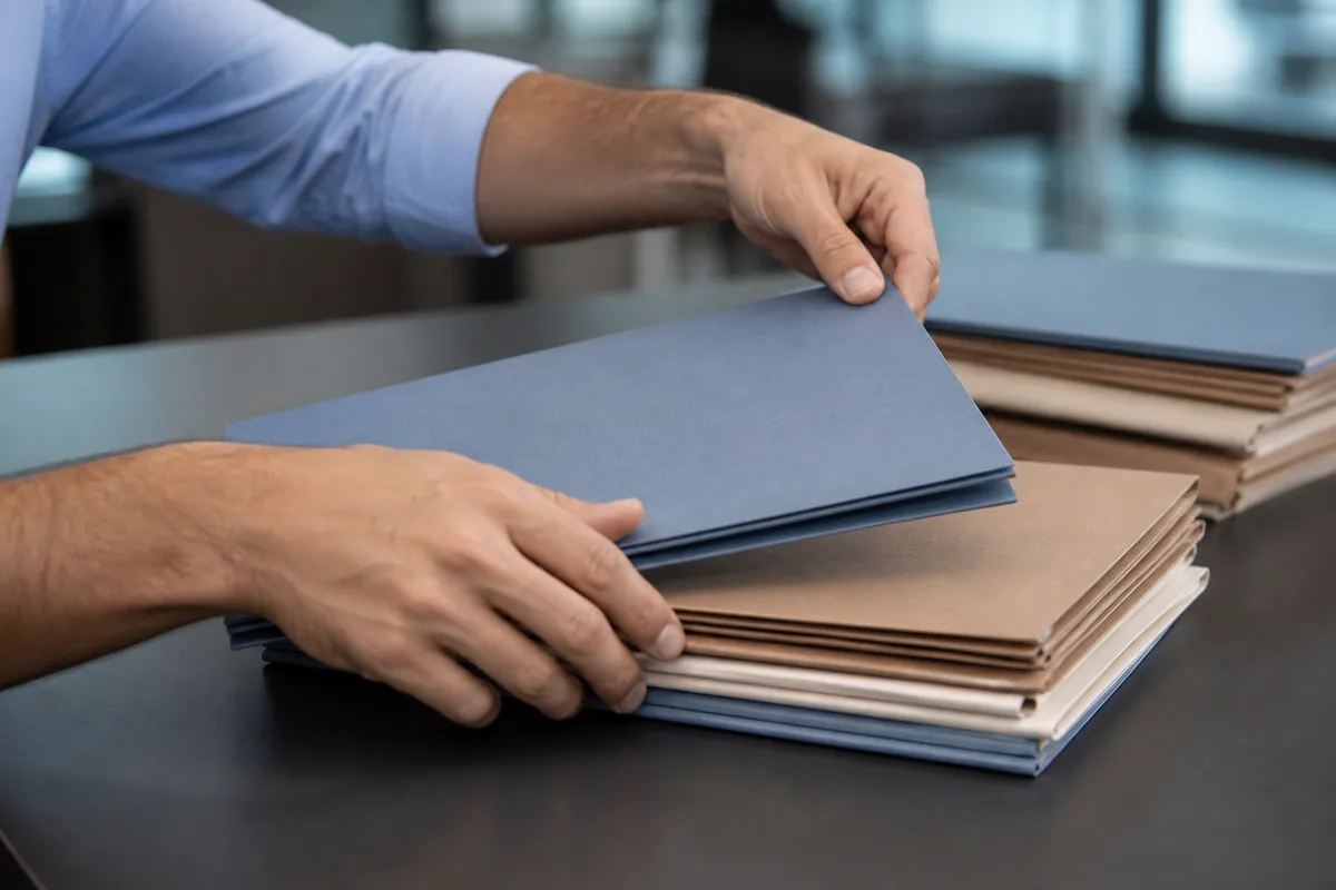 Mains classant des chemises cartonnées fermées sur une table de travail