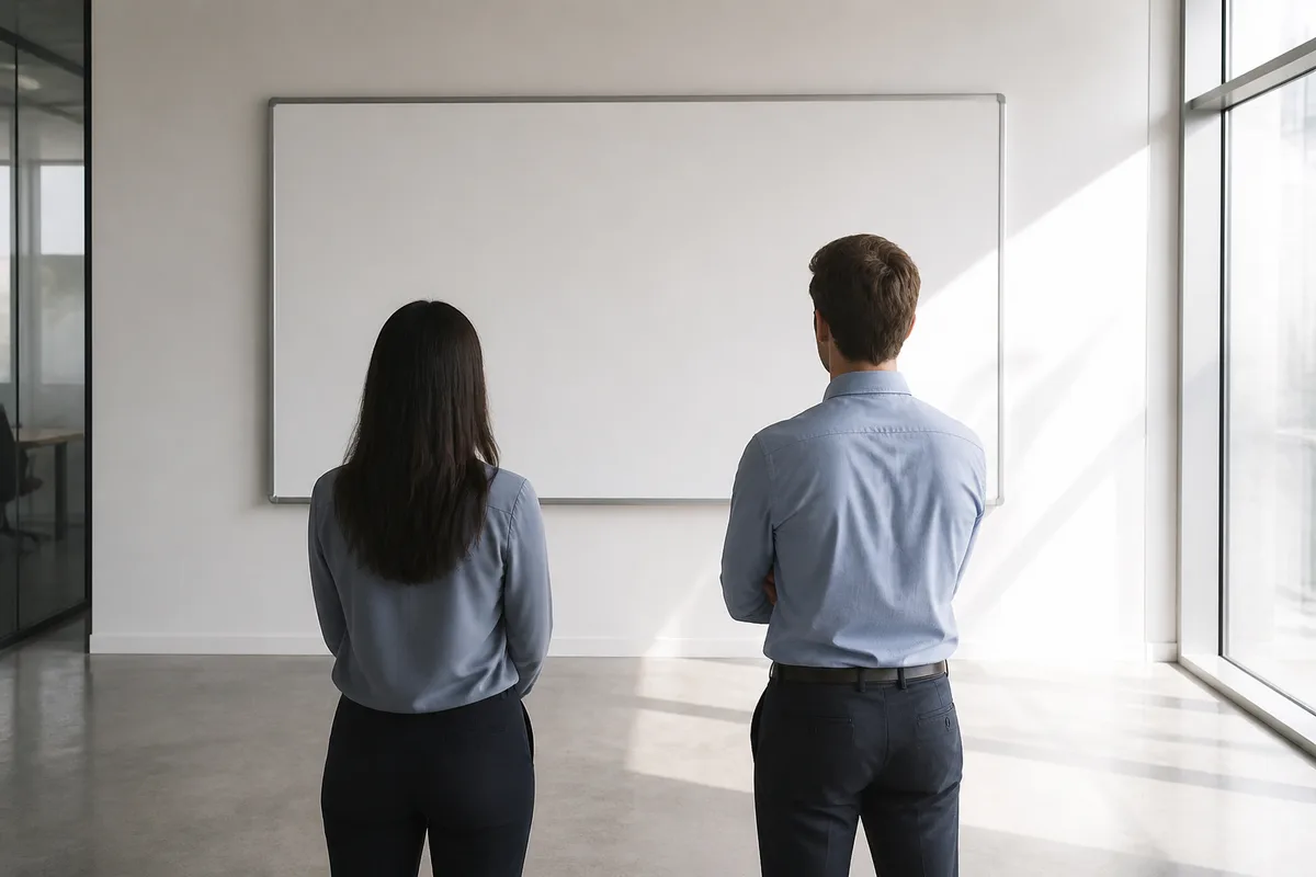 Deux personnes de dos face à un tableau blanc vierge dans un bureau lumineux