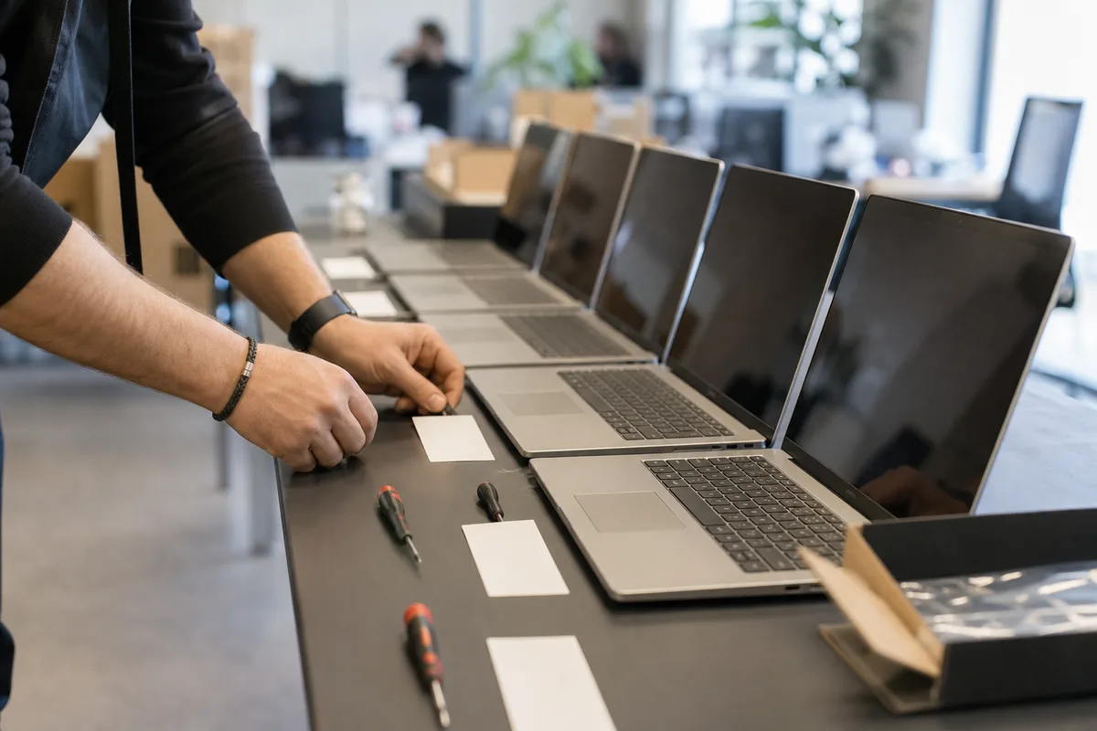 Technicien préparant des postes de travail dans les locaux d&rsquo;une startup