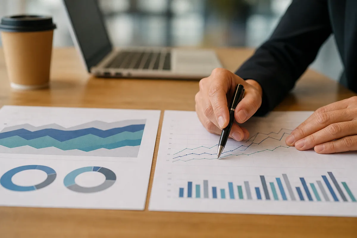 Deux mains comparant des indicateurs de service sur un rapport imprimé