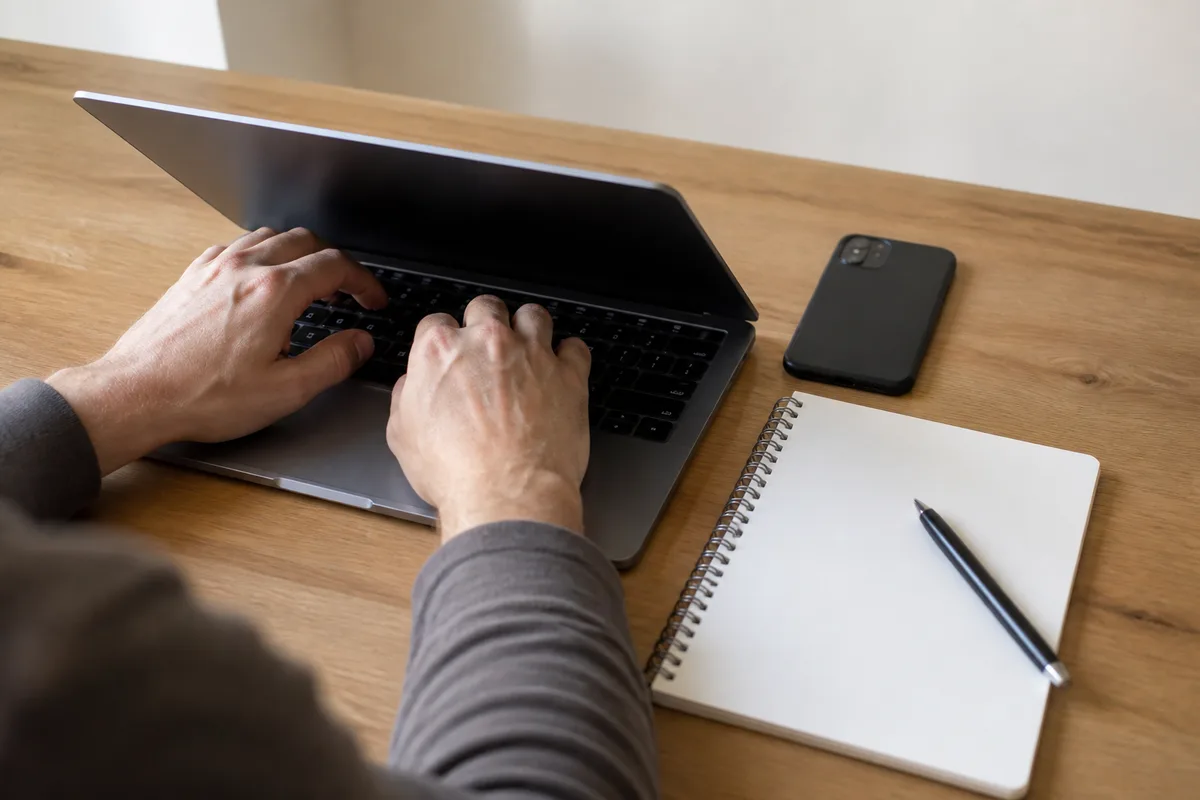 Mains posées sur un clavier d’ordinateur portable dans un bureau clair, téléphone rangé écran vers le bas à côté d’un carnet ouvert