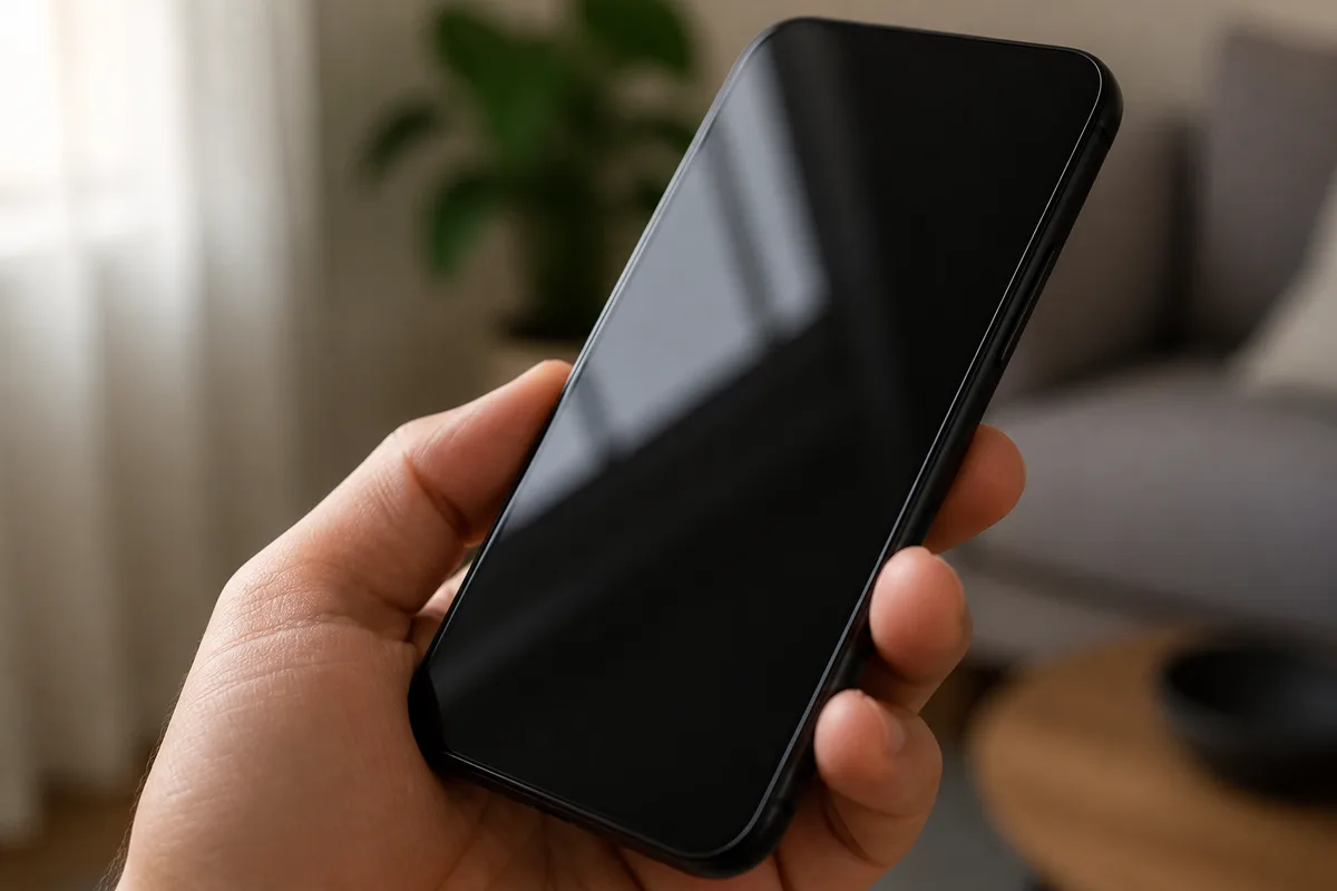 Main tenant un téléphone incliné dans un salon lumineux, écran éteint, mise au point serrée sur les doigts et l’arête de l’appareil