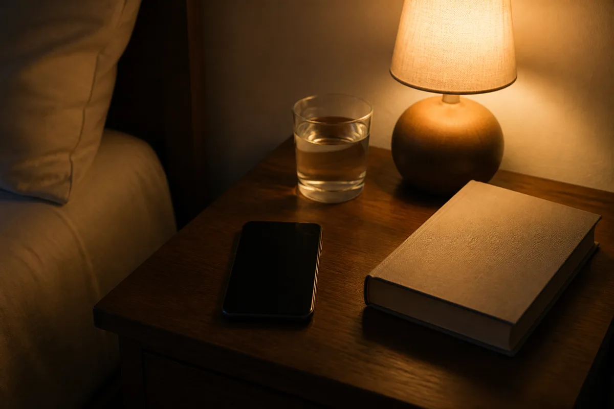 Table de chevet en bois avec un téléphone posé à plat écran éteint, lampe à lumière chaude allumée, livre fermé et verre d’eau