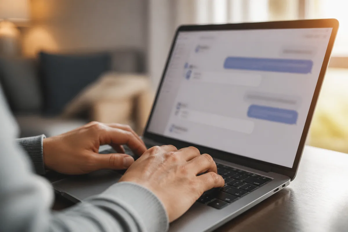 Mains posées sur un clavier d’ordinateur portable devant une fenêtre de discussion en ligne floutée, lumière chaude de fin de journée