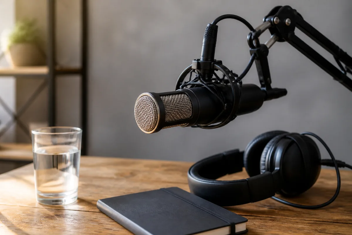 Micro de studio posé sur un bureau en bois, casque audio à côté, lumière naturelle latérale