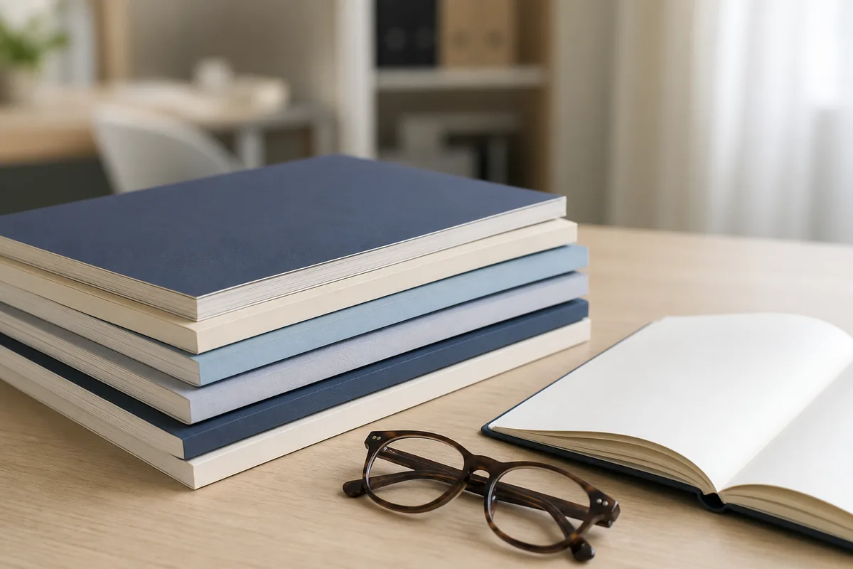 Exemplaires de magazines professionnels empilés sur une table de bureau, carnet ouvert à côté, lumière douce de matin