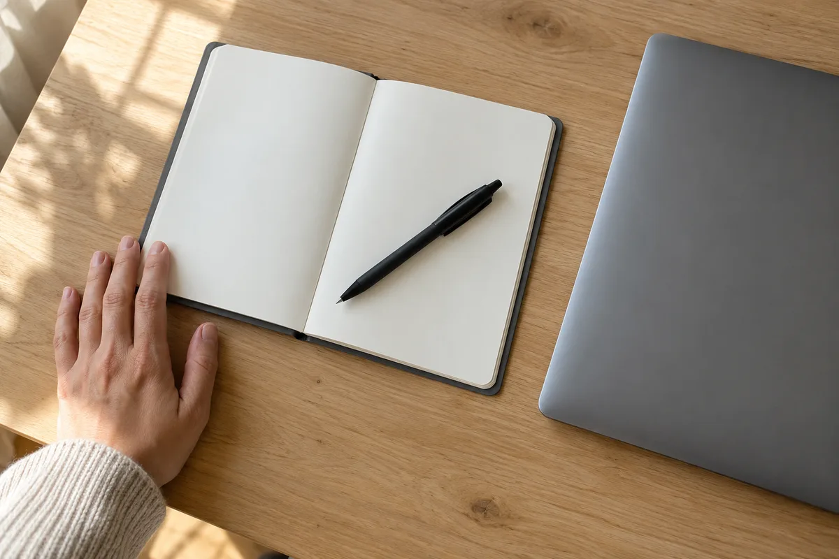 Carnet ouvert et ordinateur fermé pour rédiger les titres d&rsquo;un pitch deck