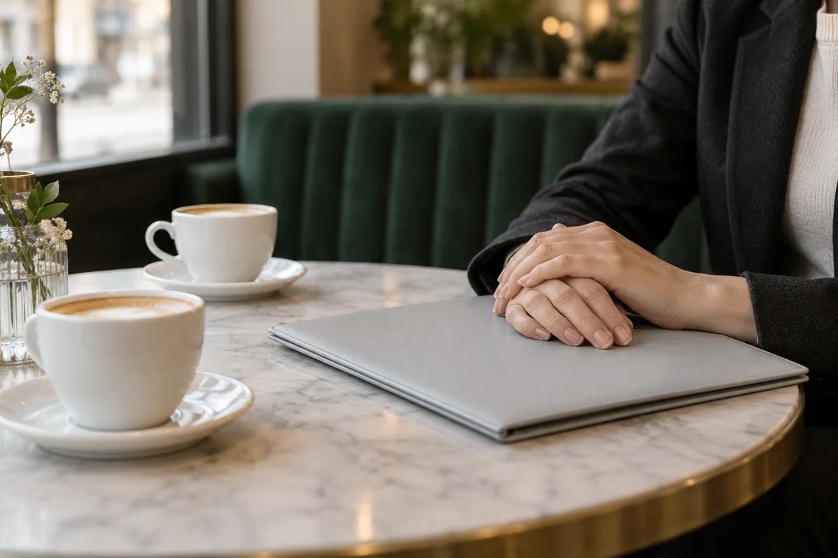 Dossier fermé et tasses sur une table de café avant un rendez-vous investisseur