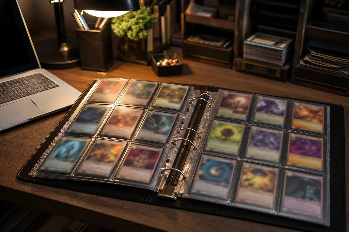 Classeur de cartes à collectionner ouvert sur un bureau à côté d’un ordinateur portable