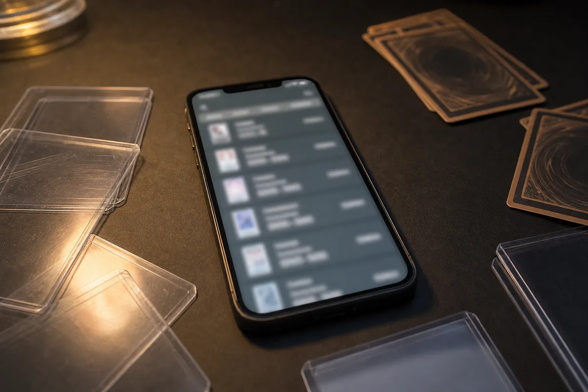 Smartphone posé sur un bureau affichant une interface de catalogage floue à côté de pochettes de protection
