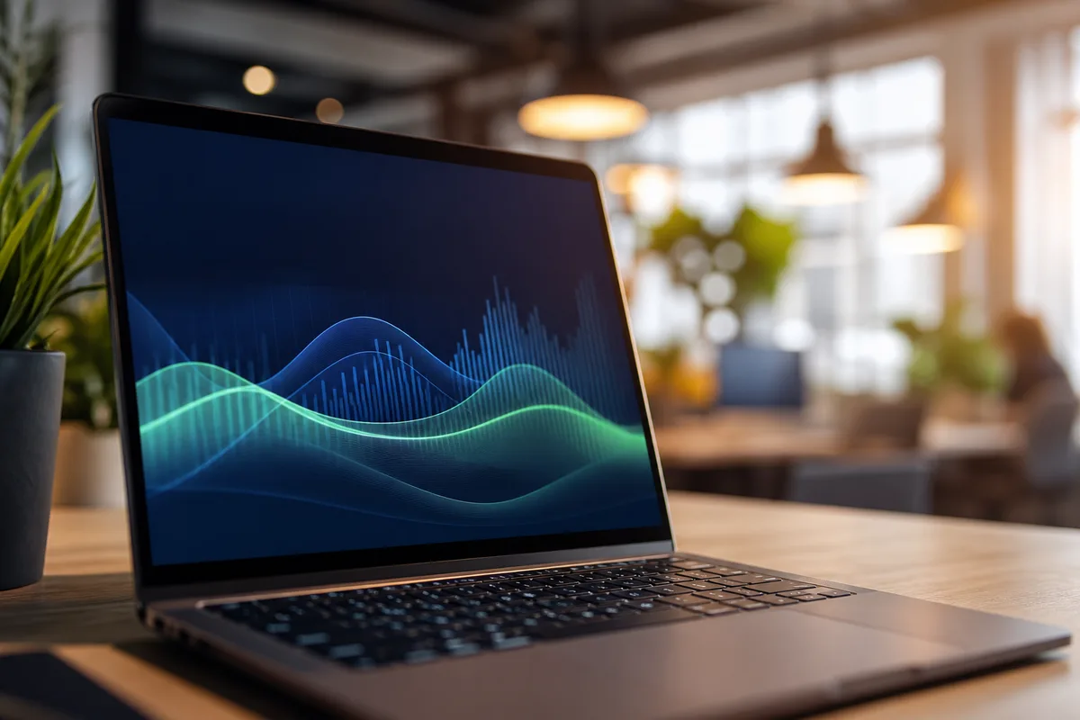 Écran d’ordinateur portable affichant des courbes de données dans un espace de travail moderne
