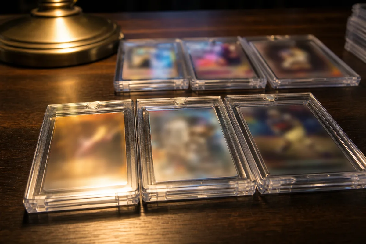 Cartes à collectionner sous protection rigide alignées sur un bureau en bois près d’une lampe