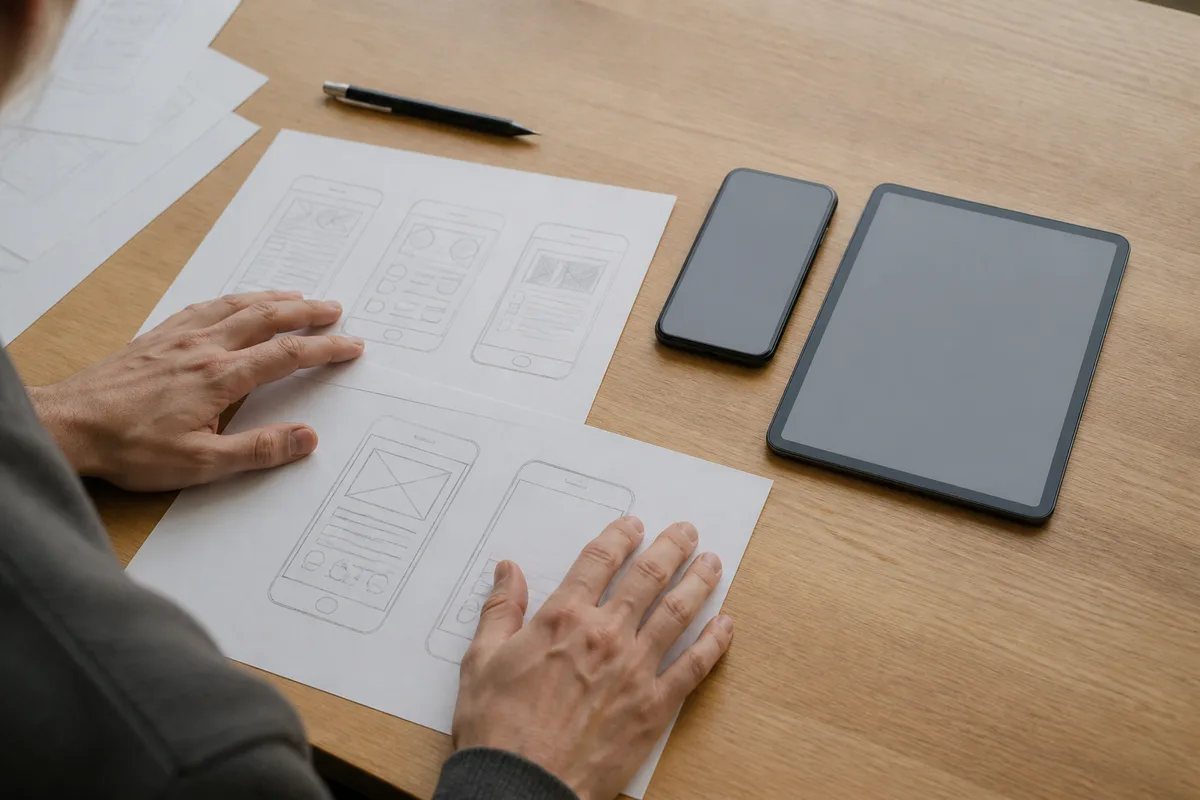 Table de réunion avec croquis d’interfaces pour arbitrer entre PWA et application native