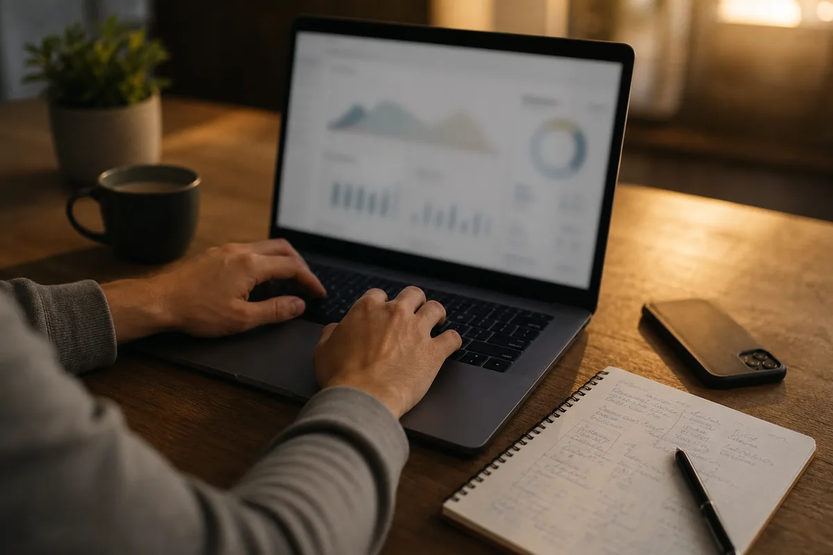 Fondateur de petite entreprise vérifiant l’indexation de son site vitrine sur un ordinateur portable