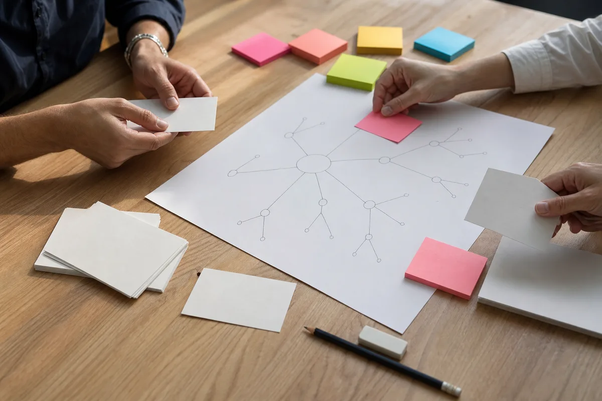 Fiches cartonnées et post-it disposés sur une table pour organiser l’arborescence des pages d’un site