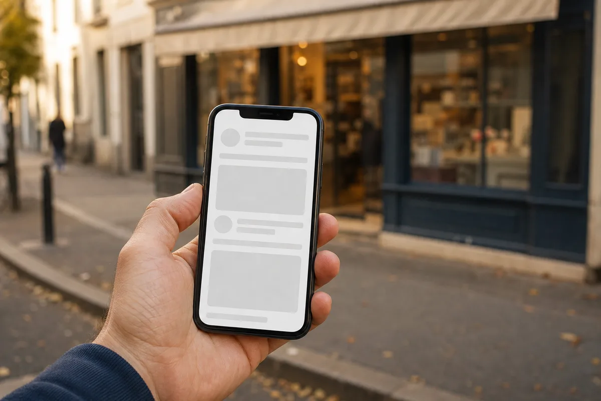 Smartphone affichant une page web en cours de chargement devant la devanture d’un commerce de quartier