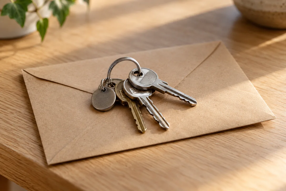 Trousseau de clés posé sur une enveloppe kraft fermée, image de la passation des accès