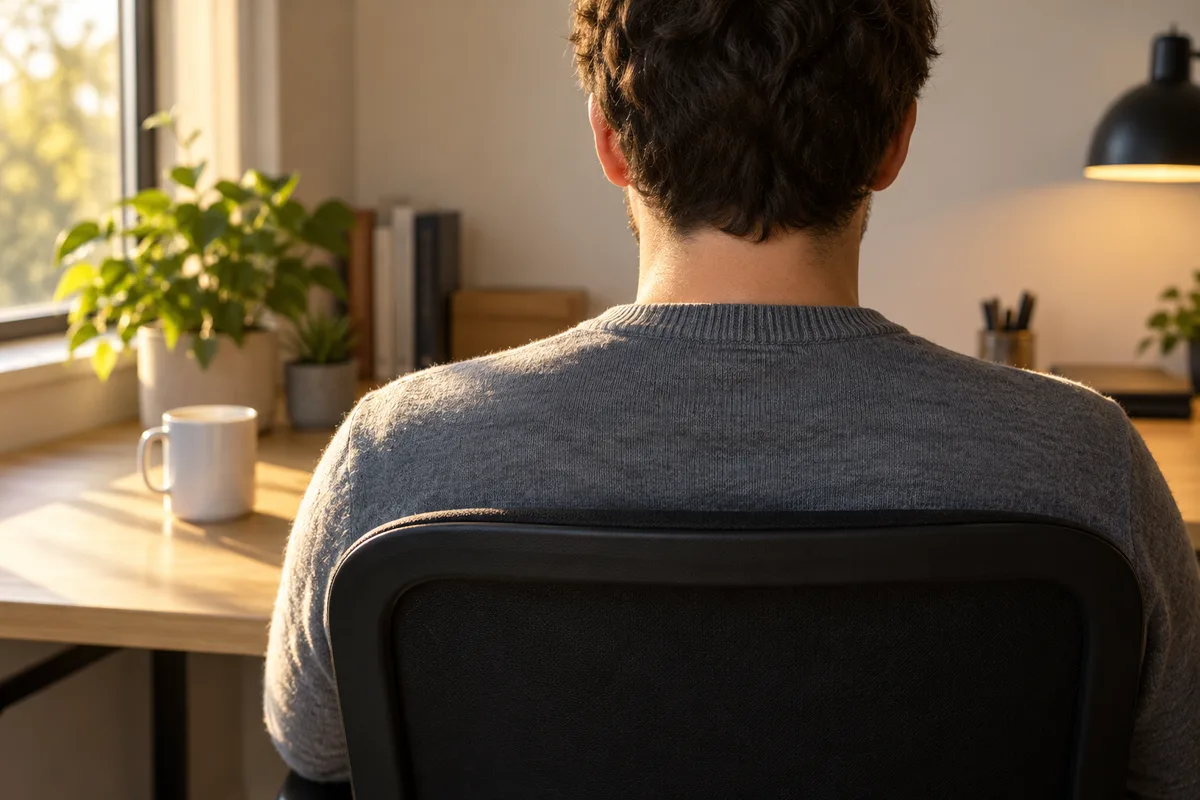 Développeur vu de dos à son poste de travail, plongé dans la lecture du code hérité