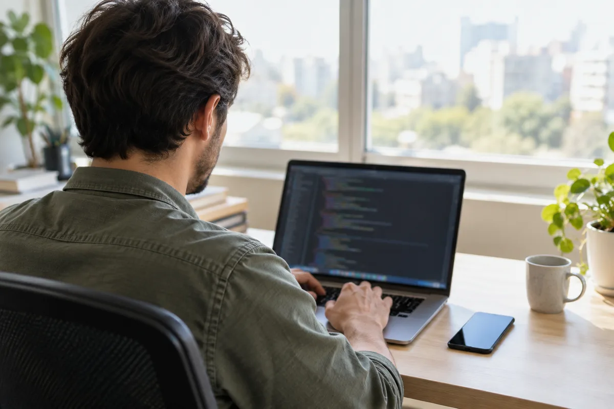 Développeur travaillant sur un ordinateur portable avec un smartphone posé à côté sur un bureau clair
