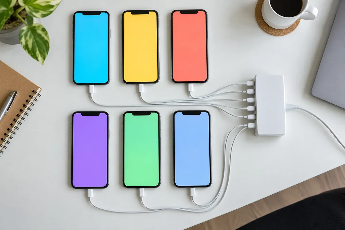 Plusieurs smartphones professionnels alignés sur une table de bureau pendant une opération de configuration