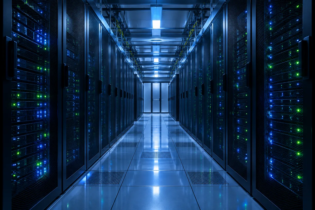 Salle serveur éclairée en bleu vue depuis une allée entre deux rangées de baies