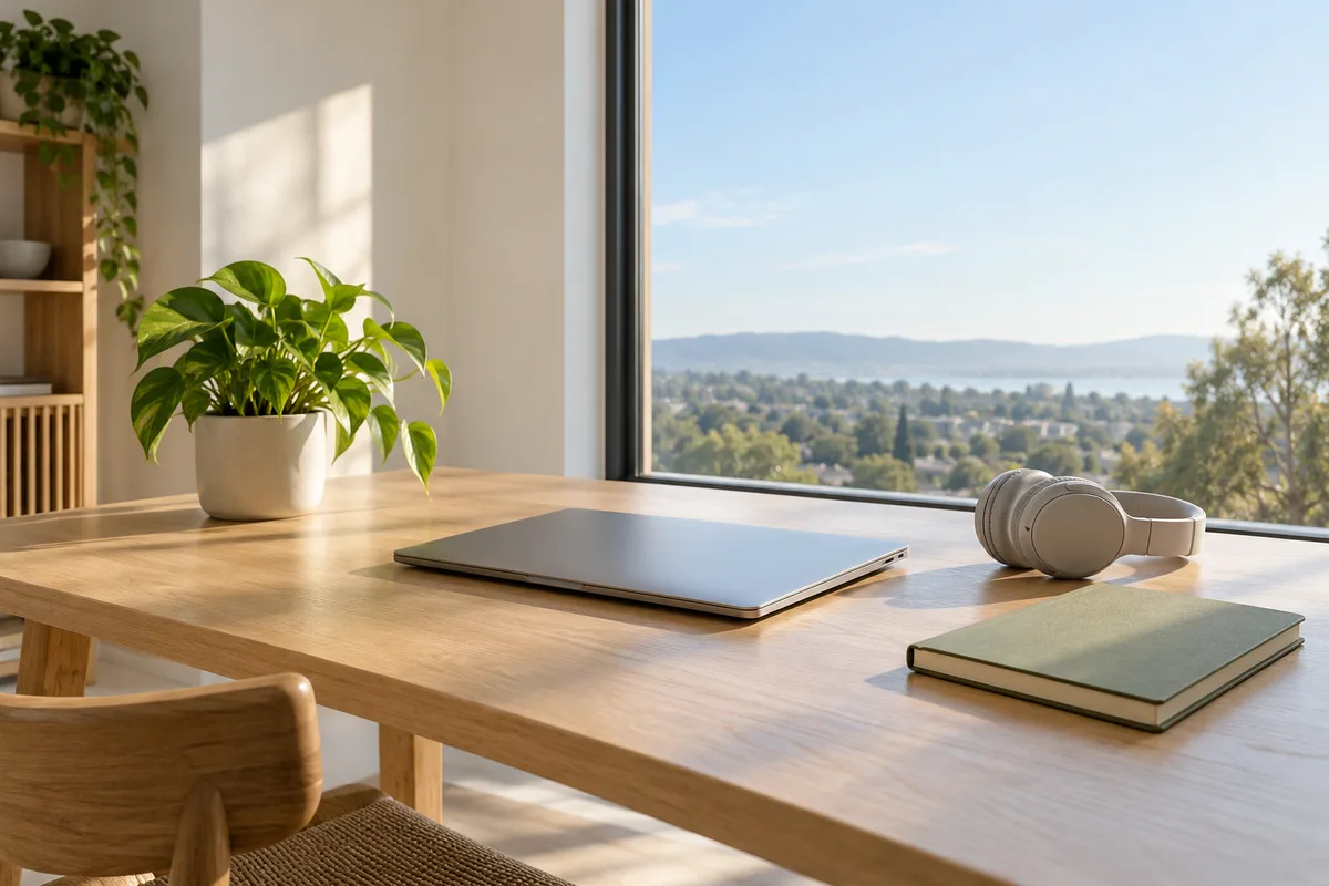 Bureau en bois clair avec un ordinateur portable fermé, un casque et un carnet