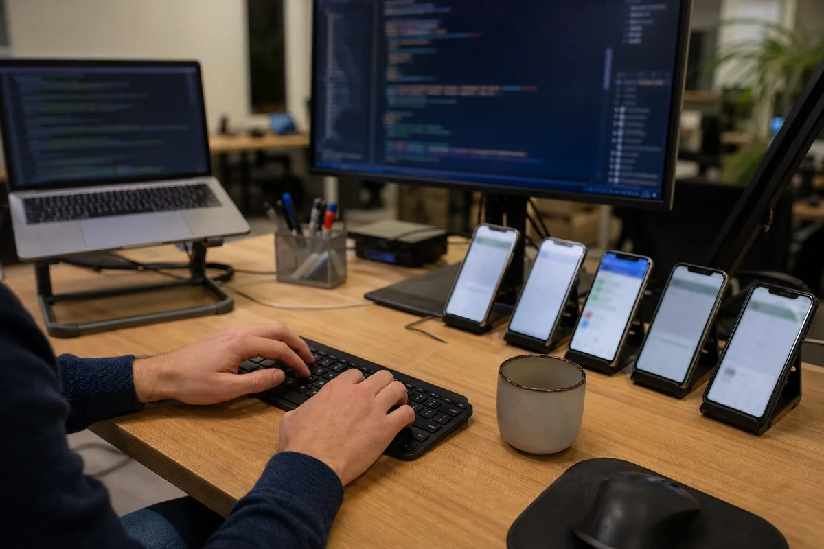 Développeur travaillant sur plusieurs types d&rsquo;applications mobiles, smartphones posés sur un bureau